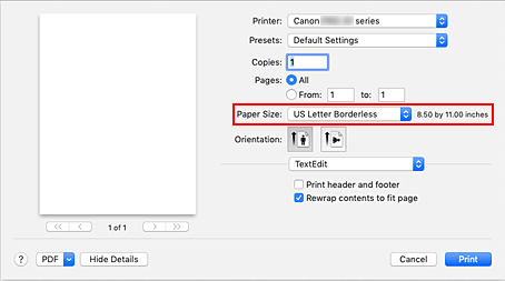 figure:Select XXX borderless from Paper Size in the Print dialog